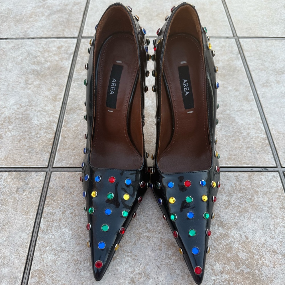AREA Black Patent Leather Clear Jeweled Pointed Toe Pumps - Picture 3 of 16
